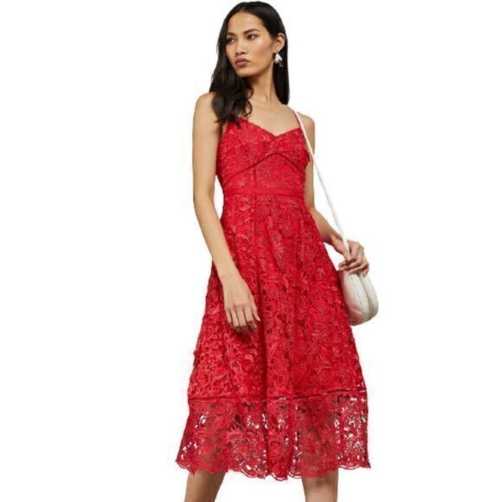 TED BAKER VALENS NWT Mixed Lace Red Midi Dress UK 4/ US 10